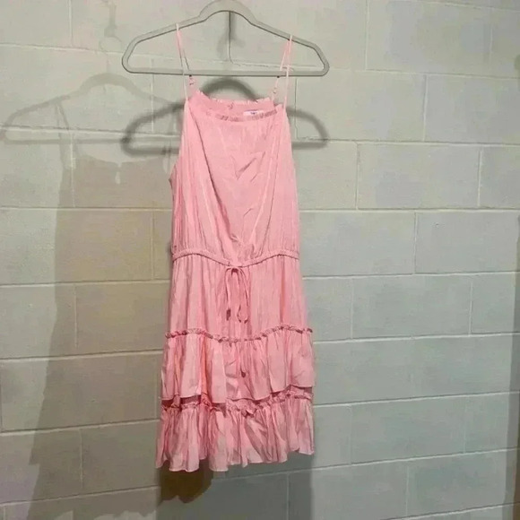 Bar III Tie Waist Halter Dress Large Bubblegum Pink Ruffle Feminine Party Tiered - Picture 2 of 8